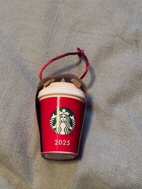 Starbucks Red Ceramic Holiday Cup Ornament with Green Logo